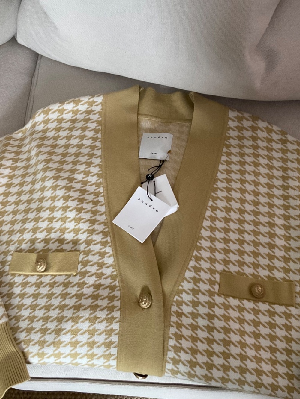 NWT SANDRO PARIS HOUNDSTOOTH CARDIGAN IN BEIGE/YELLOW SIZE 3 ( L ) - Picture 9 of 16